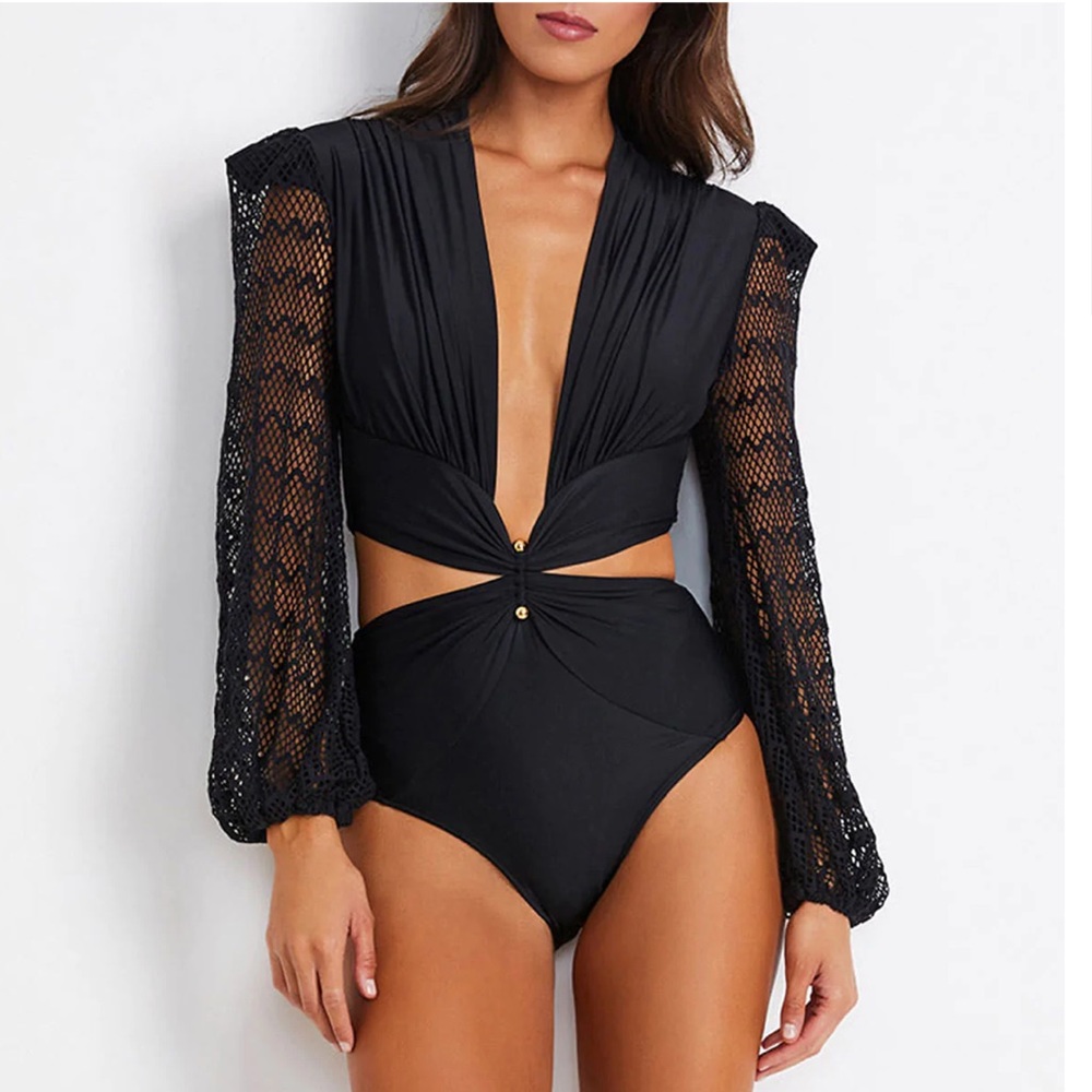 PatBO plunge netted sleeve bodysuit/swimsuit never worn - size small